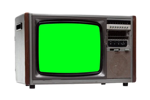 Ročník TV: starý retro TV se zelenou obrazovkou izolovanou na bílém . — Stock fotografie