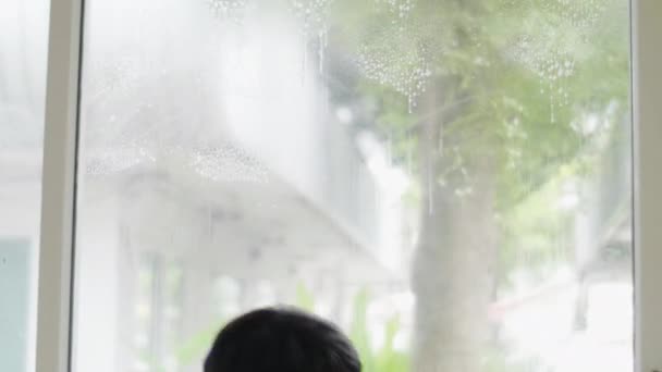 Gutten Tørker Huset Med Glassklut Med Smilefjes Ung Asiatisk Gutt – stockvideo