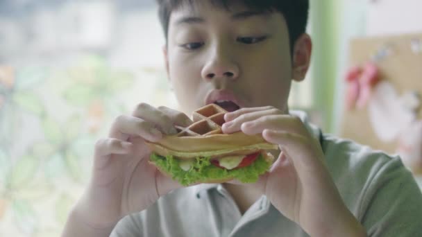 Felice Asiatico Ragazzo Godere Mangiare Hamburger Casa Con Sorriso Faccia — Video Stock