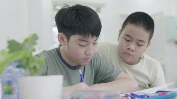 Азиатский Мальчик Делает Домашнее Задание Дома Вместе — стоковое видео