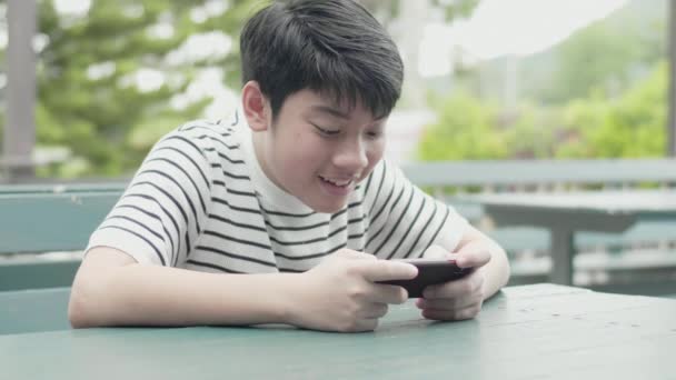 青春期男孩玩游戏在移动附近的道路与兴奋的脸 — 图库视频影像
