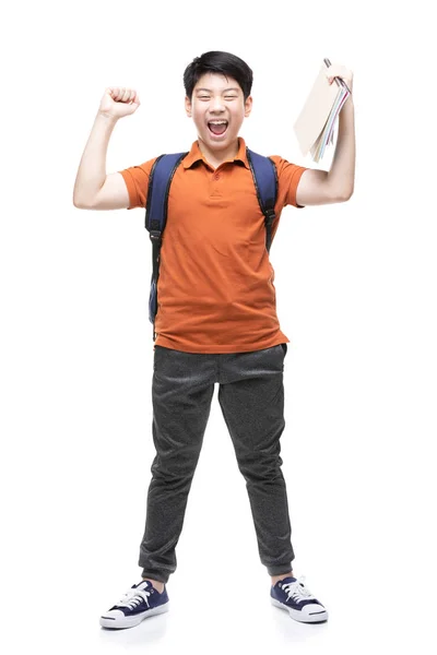 Bonito ásia criança com escola papelaria no branco fundo  . — Fotografia de Stock