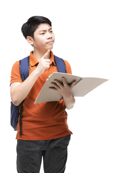 Bonito ásia criança com escola papelaria no branco fundo  . — Fotografia de Stock