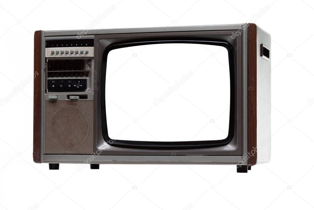 Vintage TV with white blank screen isolated on white background 