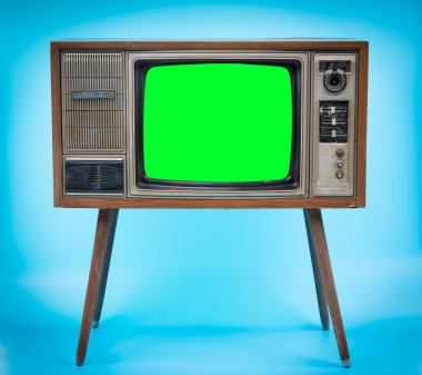 Retro tarzı eski televizyon. Kesik ekran, mavi arka planda eski televizyon. Yeşil ekranlı televizyon.