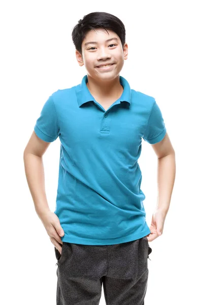 Азиатский Мальчик Голубой Рубашке Делает Какой Жест Белом Фоне — стоковое фото