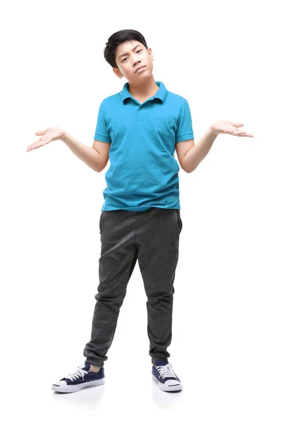 Ein Asiatischer Junge Blauen Hemd Macht Eine Geste Von Auf — Stockfoto