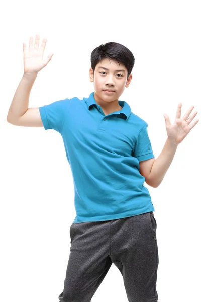 Chico Asiático Con Una Camisa Azul Está Haciendo Algún Gesto —  Fotos de Stock