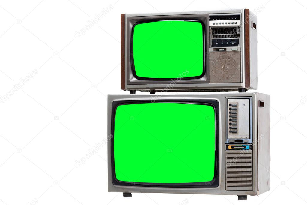 Vintage Retro Style old television with cut out screen, old television on isolated background. Television with green screen.