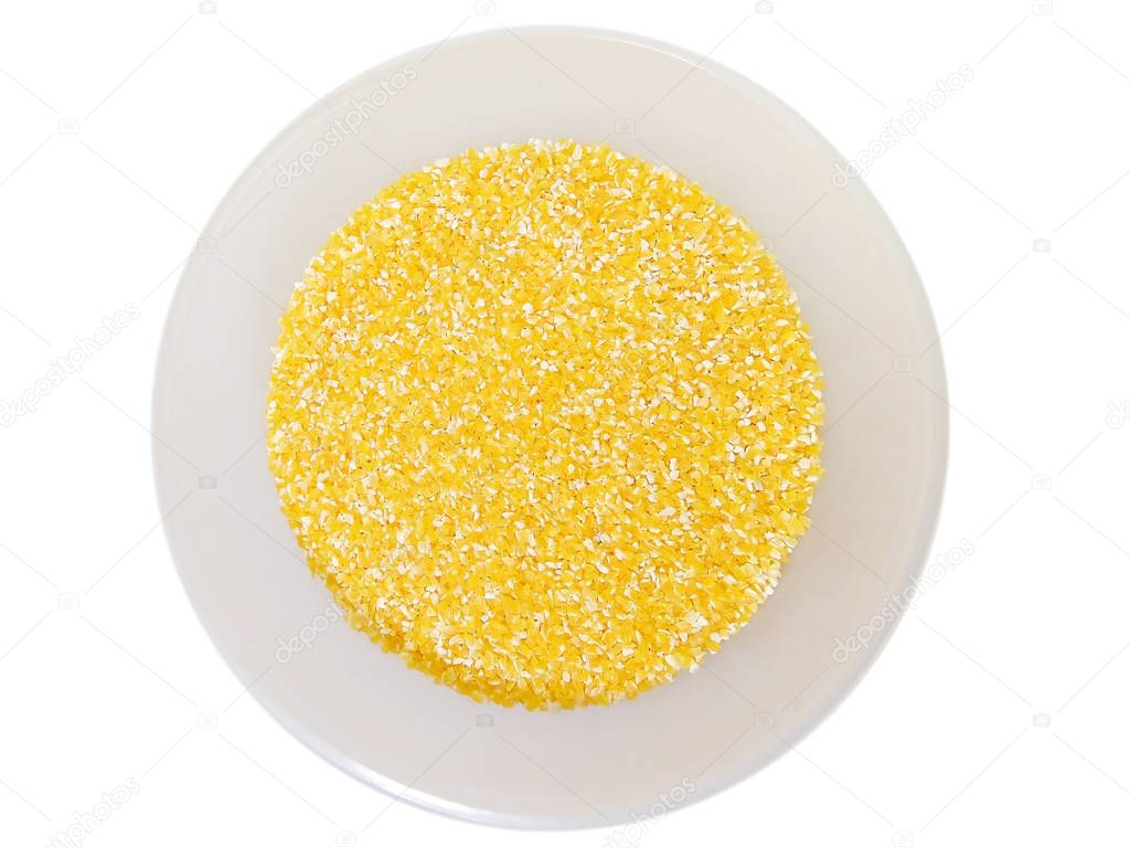                                 Cruched corn in a white plastic bowl on a white background.  