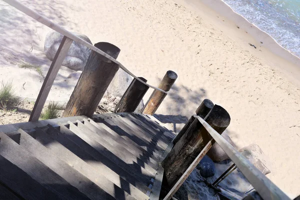 Escadaria Madeira Desce Até Praia Areia Pela Manhã — Fotografia de Stock