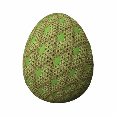 Artfully tasarlanmış ve renkli Paskalya yumurtası, beyaz arka planda süslü geometrik ve soyut renkli desen 