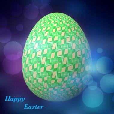 Happy Easter - Frohe Ostern, Ustaca tasarlanmış, soyut ve renkli paskalya yumurtası, bokeh ve ışık sızıntıları ile arka plan üzerinde 3d illüstrasyon