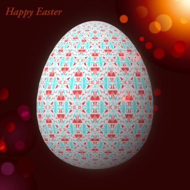 Happy Easter - Frohe Ostern, Ustaca tasarlanmış, soyut ve renkli paskalya yumurtası, bokeh ve ışık sızıntıları ile arka plan üzerinde 3d illüstrasyon