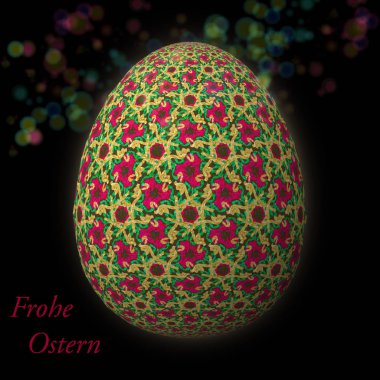Happy Easter - Frohe Ostern, Ustaca tasarlanmış, soyut ve renkli paskalya yumurtası, bokeh ve ışık sızıntıları ile arka plan üzerinde 3d illüstrasyon