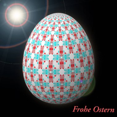 Happy Easter - Frohe Ostern, Ustaca tasarlanmış, soyut ve renkli paskalya yumurtası, bokeh ve ışık sızıntıları ile arka plan üzerinde 3d illüstrasyon