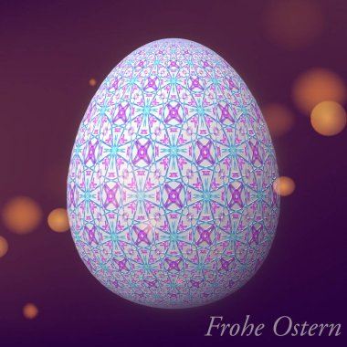 Happy Easter - Frohe Ostern, Ustaca tasarlanmış, soyut ve renkli paskalya yumurtası, bokeh ve ışık sızıntıları ile arka plan üzerinde 3d illüstrasyon