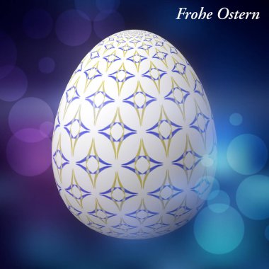 Happy Easter - Frohe Ostern, Ustaca tasarlanmış, soyut ve renkli paskalya yumurtası, bokeh ve ışık sızıntıları ile arka plan üzerinde 3d illüstrasyon