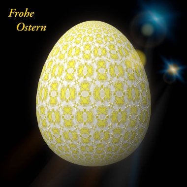 Happy Easter - Frohe Ostern, Ustaca tasarlanmış, soyut ve renkli paskalya yumurtası, bokeh ve ışık sızıntıları ile arka plan üzerinde 3d illüstrasyon