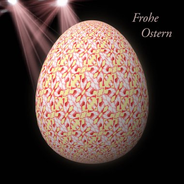 Happy Easter - Frohe Ostern, Ustaca tasarlanmış, soyut ve renkli paskalya yumurtası, bokeh ve ışık sızıntıları ile arka plan üzerinde 3d illüstrasyon