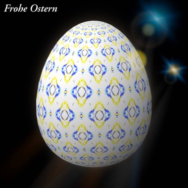 Happy Easter - Frohe Ostern, Ustaca tasarlanmış, soyut ve renkli paskalya yumurtası, bokeh ve ışık sızıntıları ile arka plan üzerinde 3d illüstrasyon