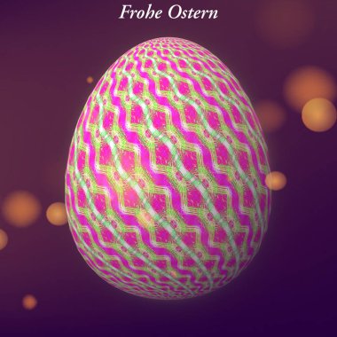 Happy Easter - Frohe Ostern, Ustaca tasarlanmış, soyut ve renkli paskalya yumurtası, bokeh ve ışık sızıntıları ile arka plan üzerinde 3d illüstrasyon
