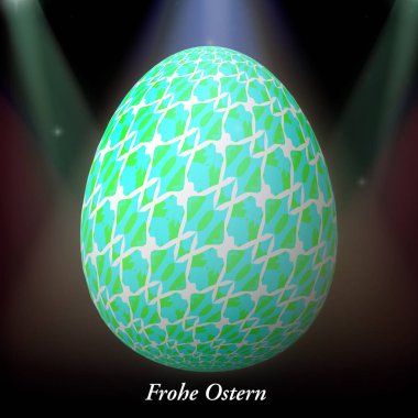 Happy Easter - Frohe Ostern, Ustaca tasarlanmış, soyut ve renkli paskalya yumurtası, bokeh ve ışık sızıntıları ile arka plan üzerinde 3d illüstrasyon