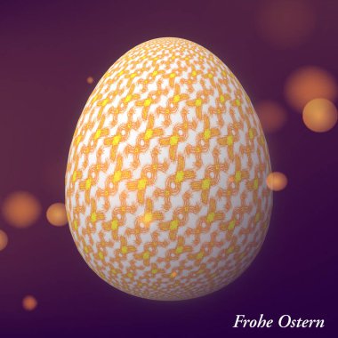 Happy Easter - Frohe Ostern, Ustaca tasarlanmış, soyut ve renkli paskalya yumurtası, bokeh ve ışık sızıntıları ile arka plan üzerinde 3d illüstrasyon
