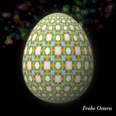 Happy Easter - Frohe Ostern, Ustaca tasarlanmış, soyut ve renkli paskalya yumurtası, bokeh ve ışık sızıntıları ile arka plan üzerinde 3d illüstrasyon