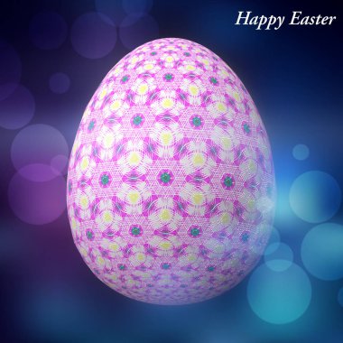 Happy Easter - Frohe Ostern, Ustaca tasarlanmış, soyut ve renkli paskalya yumurtası, bokeh ve ışık sızıntıları ile arka plan üzerinde 3d illüstrasyon