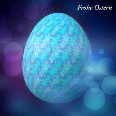 Happy Easter - Frohe Ostern, Ustaca tasarlanmış, soyut ve renkli paskalya yumurtası, bokeh ve ışık sızıntıları ile arka plan üzerinde 3d illüstrasyon