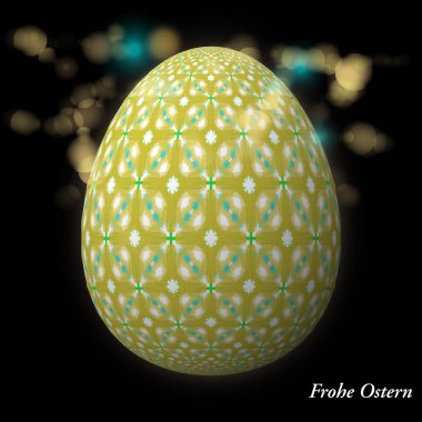 Happy Easter - Frohe Ostern, Ustaca tasarlanmış, soyut ve renkli paskalya yumurtası, bokeh ve ışık sızıntıları ile arka plan üzerinde 3d illüstrasyon