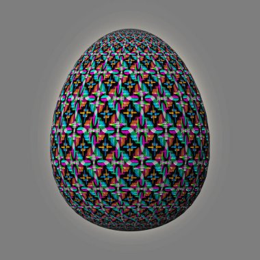 Happy Easter - Frohe Ostern, Ustaca tasarlanmış ve renkli paskalya yumurtası, gri arka plan üzerinde 3d illüstrasyon 