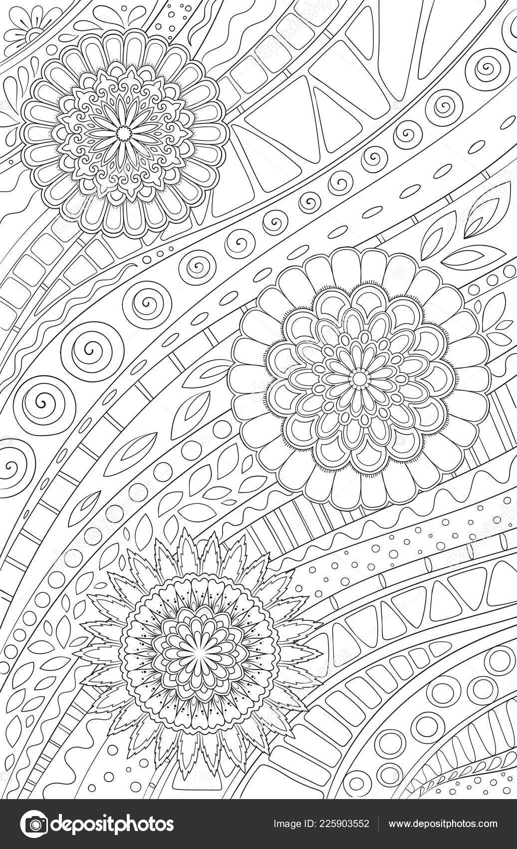 Coloring Page For Adult And Kids Coloring Book Or Bullet Journal Doodle Floral Pattern With Flowers And Geometric Lines Black And White Vector Background Stock Vector C Juliasnegireva 225903552