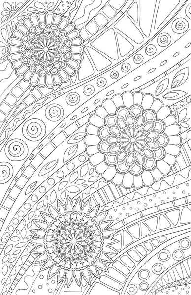 Desenho para colorir para adultos e crianças livro de colorir ou diário de bala. Doodle padrão floral com flores e linhas geométricas. Fundo vetorial preto e branco . —  Vetores de Stock