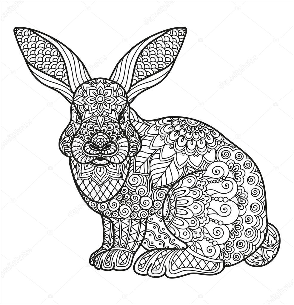 Coloring page for adult and kids coloring book or bullet journal. Doodle floral pattern on the rabbit, hare. Flowers and geometric lines. Black and white vector background.