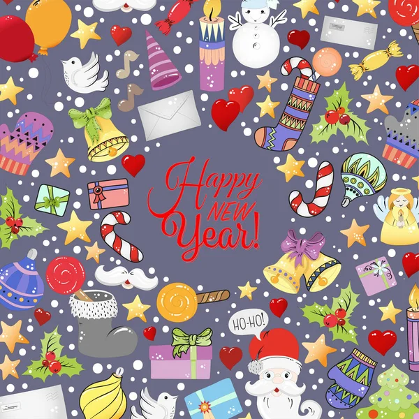 Feliz Natal padrão para cartões de felicitações de férias, impressão, página de livro, diário de bala ou papel de embrulho. Sinos, Santa, árvore, meias, vela, doces, corações de amor, anjo e estrelas . — Vetor de Stock