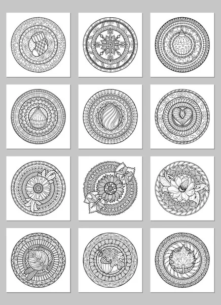 Round geometric ornaments set of had drawn doodle mandalas.Circle lace ornament, round ornamental geometric doily pattern collection. Black and white. — Stock Vector