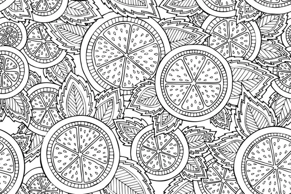 Black and white seamless pattern with lemons, oranges and leaves. Graphic citrus background.