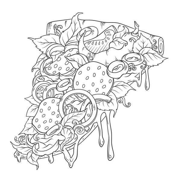 Poster quadrato con fetta di pizza in bianco e nero Pepperoni, hawaiano, messicano, frutti di mare . — Vettoriale Stock