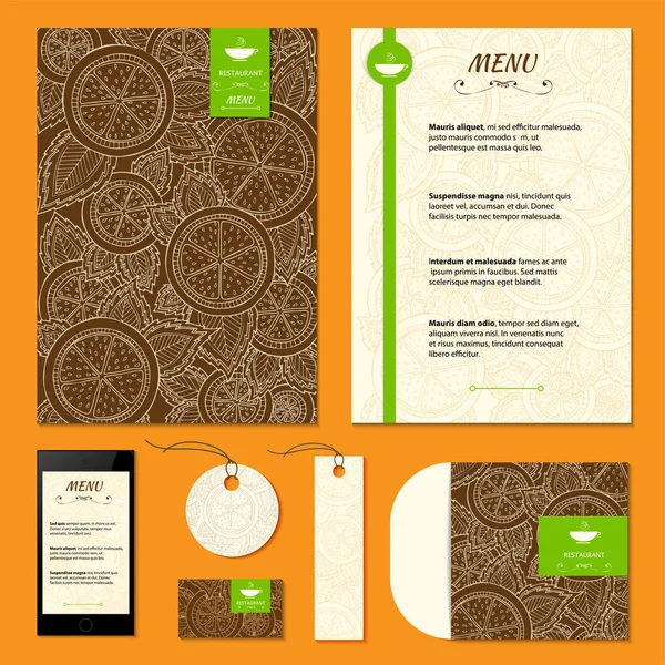 Restaurant menu with orange, lemon pattern. Citrus corporative identity vector background. Set of corporate identity templates with fruits. Menu, id card, banners, coffee cup and business card. — Stock Vector