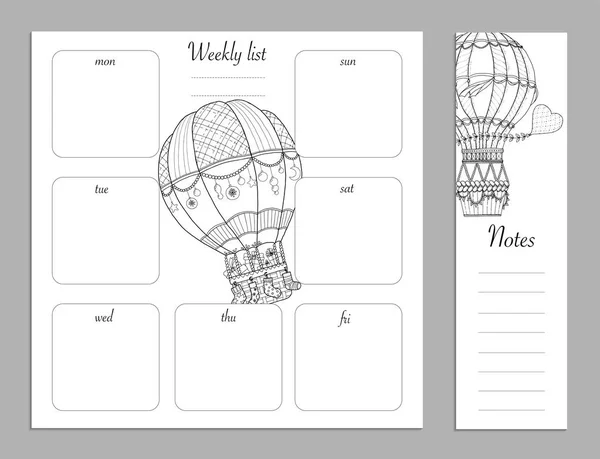 Flat design adult coloring page, notes, weekly and to do list in top view. Sketchbook, coloring book, diary or bullet journal mockup. Vector illustration of detailed air ballon. — Stock Vector