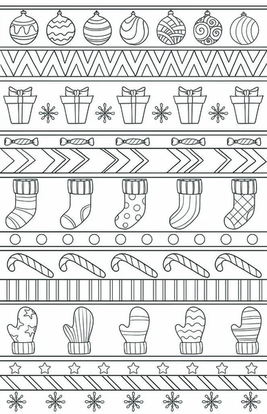 New year and Christmas theme. Black and white graphic doodle hand drawn sketch for adult or kids coloring book. Pattern with holiday gifts, socks, mittens, balls, sweets and snowflakes.