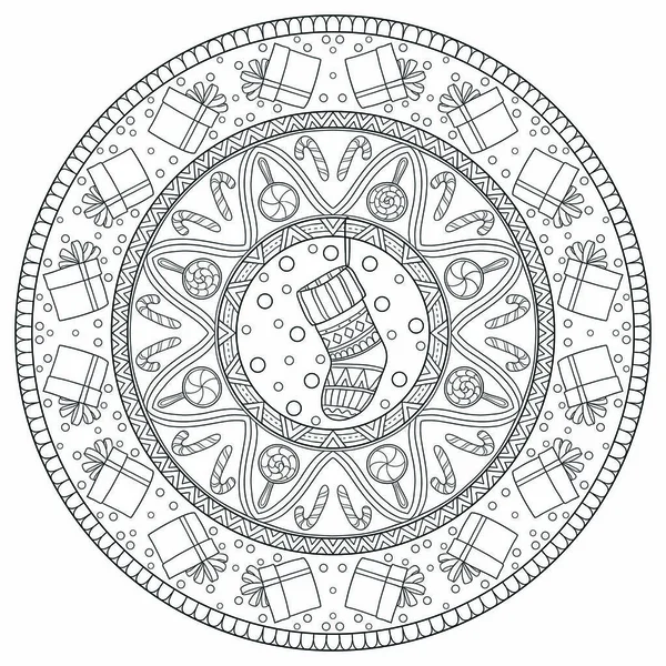 Nyår Och Jul Tema Svartvit Grafisk Doodle Handritad Skiss Mandala — Stock vektor