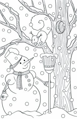 Yeni yıl ve Noel Tema. Yetişkin renklendirme kitap için siyah-beyaz grafik doodle el çizilmiş kroki. Çam, kar, kardan adam ve sincap ile kış manzarası