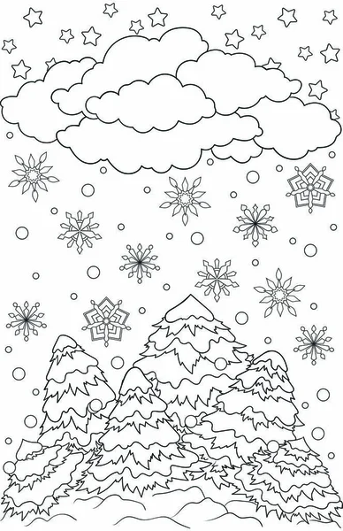 Ano Novo e tema de Natal. Desenho desenhado à mão doodle gráfico preto e branco para livro de colorir adulto. Paisagem de inverno com árvores, pinheiros, flocos de neve, neve e nuvens . — Vetor de Stock