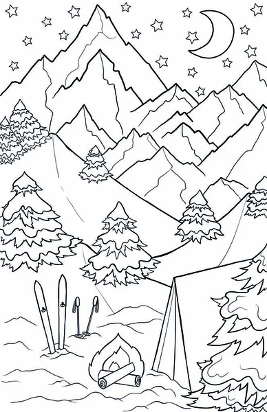 新年和圣诞节主题 黑色和白色图形涂鸦手绘素描成人着色书 冬季景观与山 滑雪和帐篷 图库矢量图片