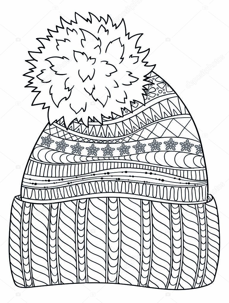 New year and Christmas theme. Black and white graphic doodle hand drawn sketch for adult coloring book. Hand Drawn knitting hat Sketch Symbol isolated. Ethnic pattern