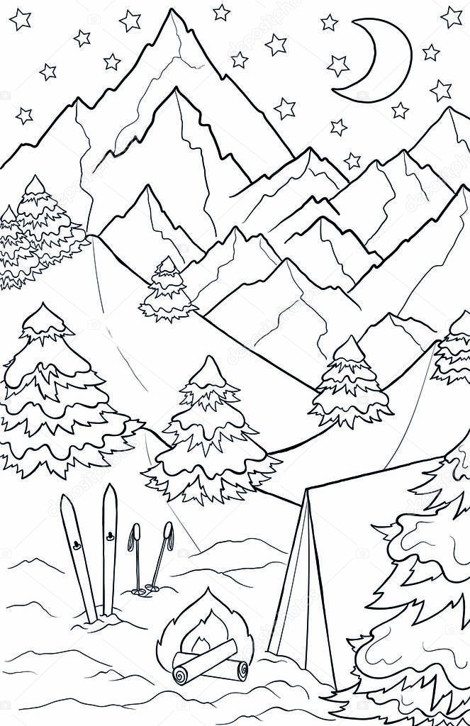 New year and Christmas theme. Black and white graphic doodle hand drawn sketch for adult coloring book. Winter landscape with mountains, pines, trees, snow, ski and tent