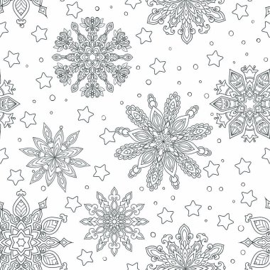 Kış Noel grafik desen witn ayrıntılı ve güzel kar taneleri. Yetişkin ve çocuk boyama kitabı için elle çizilmiş. Siyah ve beyaz.
